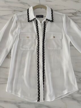 Karl Lagerfeld Paris White Blouse with Black & White Braided Trim — Size XS